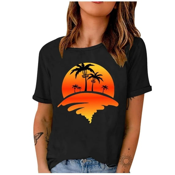 Western Shirts Casual Tee for Women Summer T Shirt Short Sleeve Crewneck Beach Tops Vintage Country Graphic Black XXXL