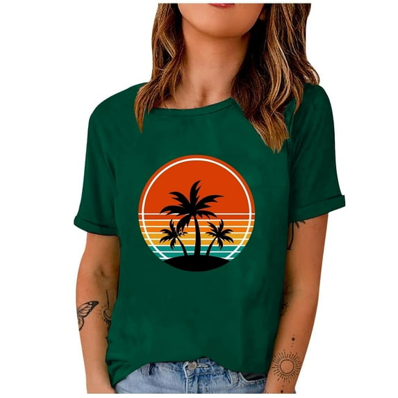 Western Shirts Casual Tee for Women Summer T Shirt Short Sleeve Crewneck Beach Tops Vintage Country Graphic Green XL