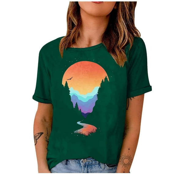 Western Shirts Casual Tee for Women Summer T Shirt Short Sleeve Crewneck Beach Tops Vintage Country Graphic Green XXL
