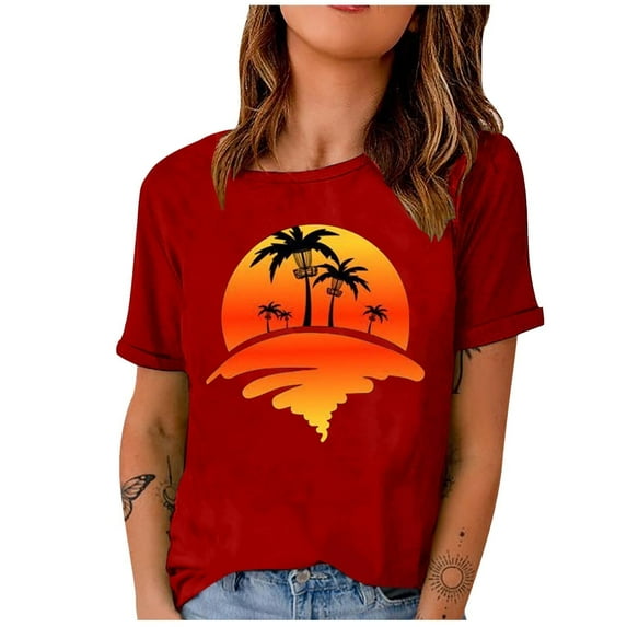 Western Shirts Casual Tee for Women Summer T Shirt Short Sleeve Crewneck Beach Tops Vintage Country Graphic Red XXL