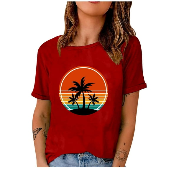 Western Shirts Casual Tee for Women Summer T Shirt Short Sleeve Crewneck Beach Tops Vintage Country Graphic Red XXL