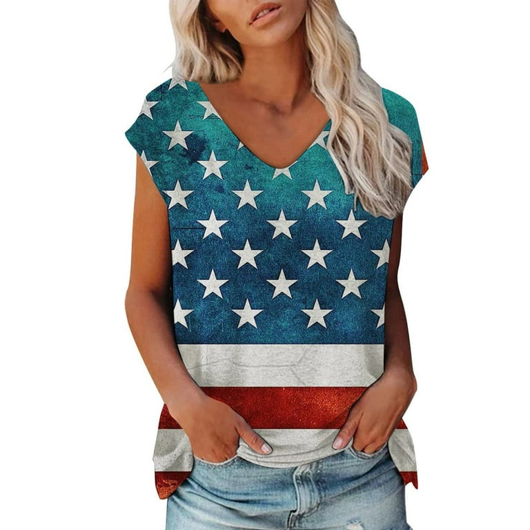 Western Shirts Casual Tee for Women July 4th Summer T Shirt Country Graphic Vintage Short Sleeve Beach Tops V Neck Green L