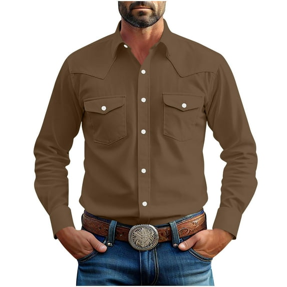 Western Shirts For Men Fall Long Sleeve Classic Work Tshirt Dressy Casual Plain Turn Down Cowboy Sport Tops With Two Pockets Bronze M
