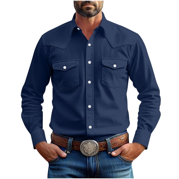Western Shirts For Men Fall Long Sleeve Classic Work Tshirt Dressy Casual Plain Turn Down Cowboy Sport Tops With Two Pockets Navy Xl