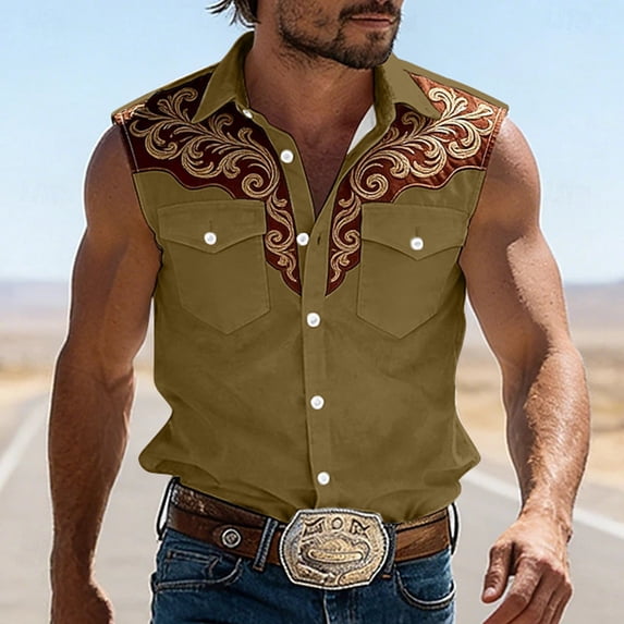 Western Shirts For Men Sleeveless Button Collar Cowboy Embroidered Shirt Retro Business Casual Tee With Floral Design Khaki XXL