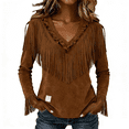 thumbnail image 1 of Western Shirts for Women 2026 Vintage Long Sleeve Suede Cowgirl Shirts Plus Size Casual Spring Fringe Tops Fringe V Neck Shirt Cowlgirl Tassel Outfit Solid Color Suede Fringe Tassel Spring Fall Shirt, 1 of 9