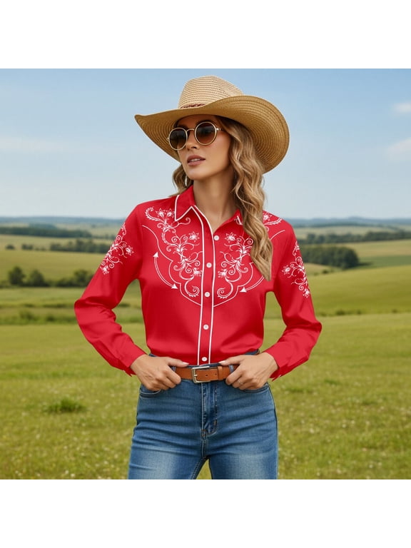 Western Shirts Womens Cowboy Cowgirl Button Down Country Style Shirt Floral Embroidery Long Sleeve Red Tops M