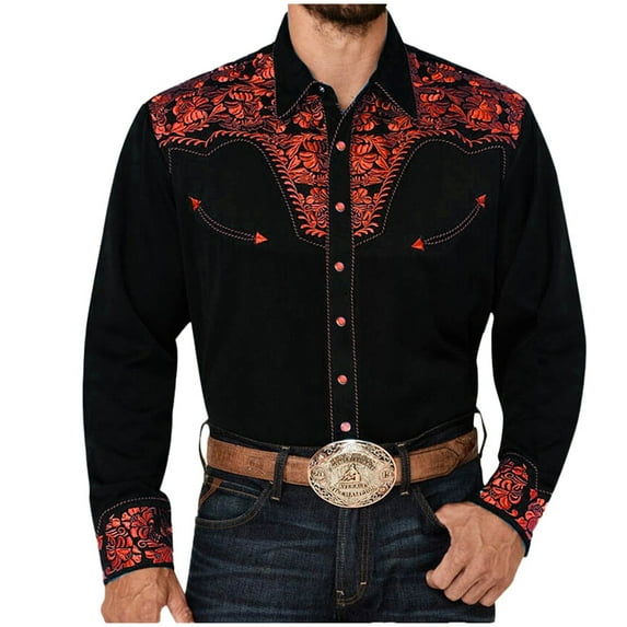 Western Shirts for Men Cowboy Button Up Shirts Long Sleeve Embroidered Tops Slim Fit Spring Fall Brick Red XL
