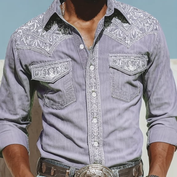 Western Shirts for Men Cowboy Shirts Long Sleeve Embroidered Country Shirt Slim Fit Button Down Shirt Casual Work Purple 3XL