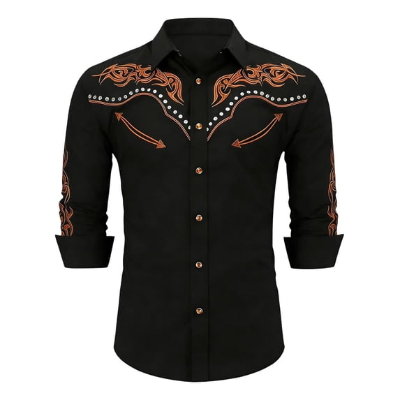 Western Shirts for Men Embroidered Long Sleeve Button Down Regular Work Dress Spring Fall Cowboy Black1 Shirts S-XXXL