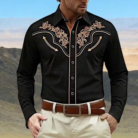 Western Shirts for Men Long Sleeve Button Down Laple Tops Vintage Print Spring Casual Cowboy Shirt Black L