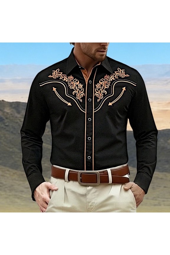 Western Shirts for Men Long Sleeve Button Down Laple Tops Vintage Print Spring Casual Cowboy Shirt Black S