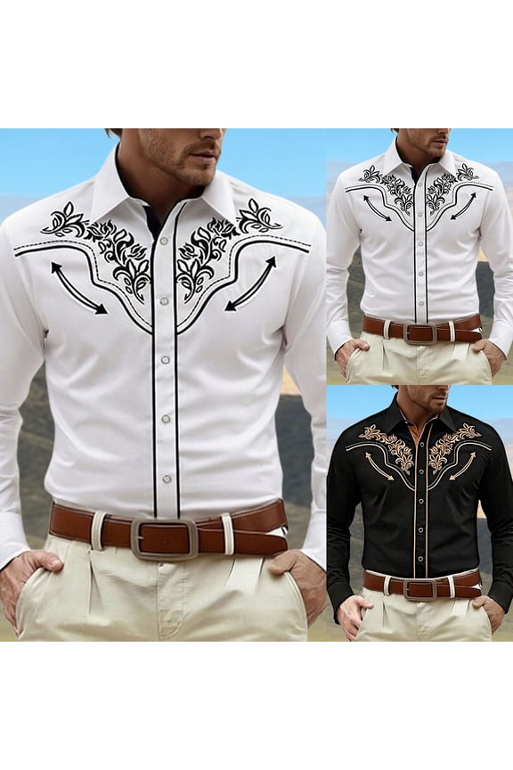 Western Shirts for Men Long Sleeve Button Down Laple Tops Vintage Print Spring Casual Cowboy Shirt White S