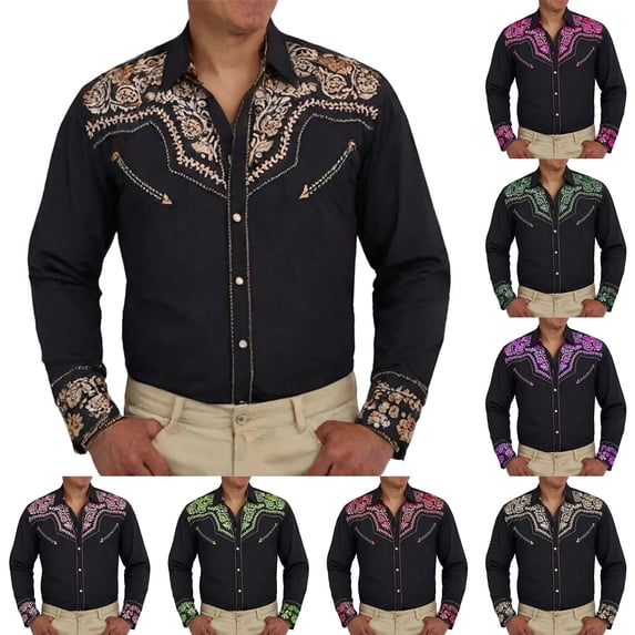 Western Shirts for Men Long Sleeve Embroidered Slim Fit Button Down Retro Cowboy Shirt with Pockets Shirts for Men Pink XXXL