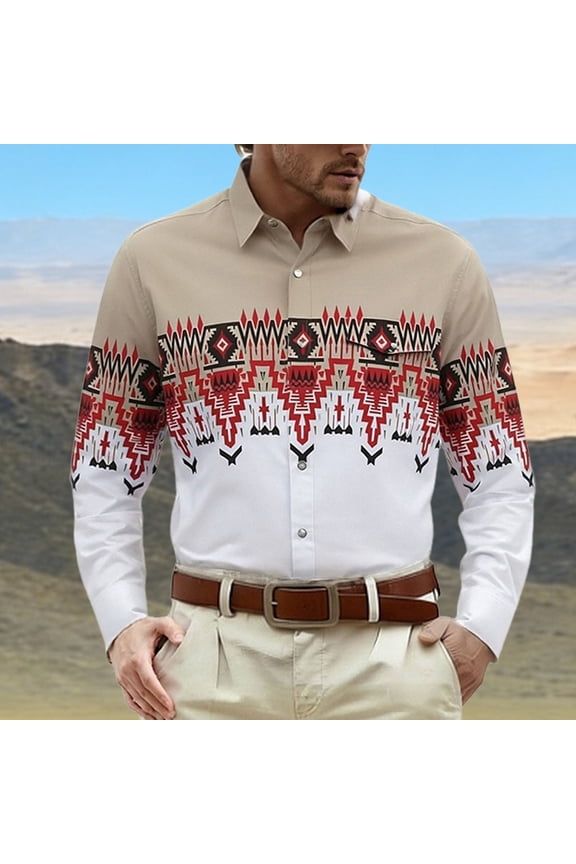 Western Shirts for Men Vintage Print Spring Casual Cowboy Shirt Long Sleeve Button Down Laple Tops White M