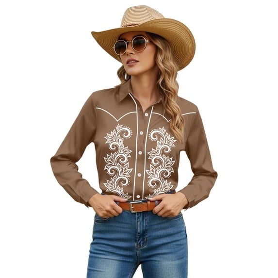 Western Shirts for Women Country Concert Cowgirl Shirts Floral Print Button Down Shirt Long Sleeve Tops Coffee S
