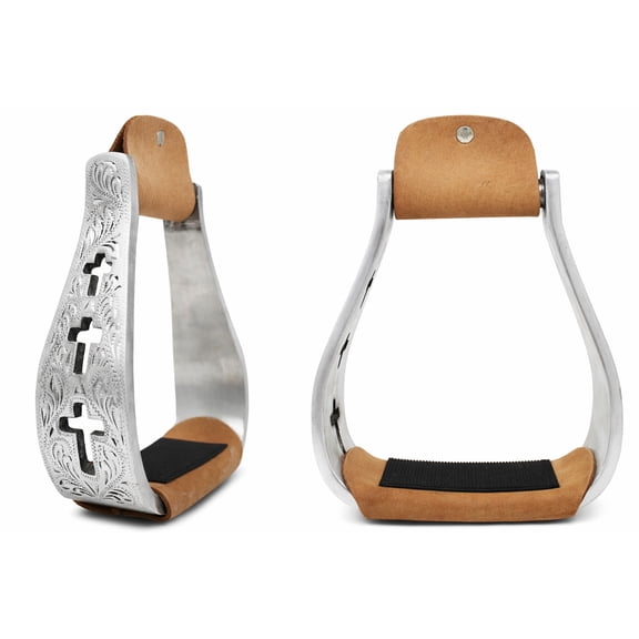 Western Show Horse Saddle Stirrups Aluminum Leather Tread Cross Engraved 5145