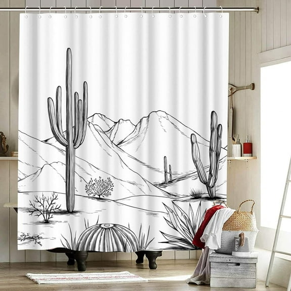 Western Shower Curtain Aztec Cactus Desert Bath Curtain Black White Bathroom Decor with Hooks Waterproof Fabric 72"×72"