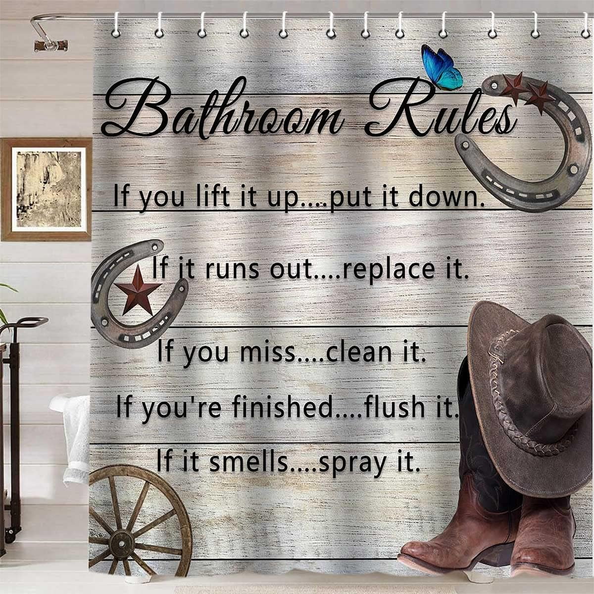 Western Shower Curtain, Bathroom Rules Funny Quotes Cowboy Hat Boots ...