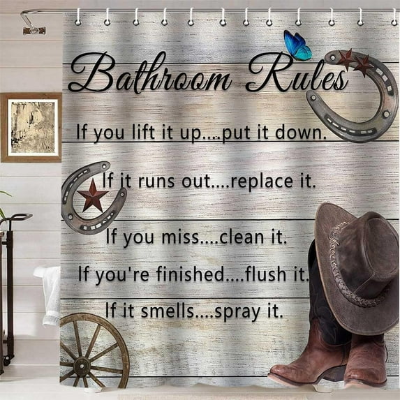 Western Shower Curtain, Bathroom Rules Funny Quotes Cowboy Hat Boots Horseshoe Wagon Wheel Texas Star Rustic Farmhouse Bathroom Decor, Waterproof Polyester Fabric Shower Curtain, 72 X 72 Inch