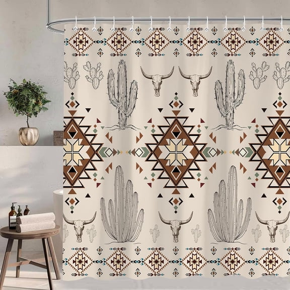 Western Shower Curtain, Boho Southwestern Aztec Tribal Geometric Pattern Cactus Shower Curtain for Bathroom, Rustic Farmhouse Bull Skull Theme Waterproof Shower Curtain Sets 12 Hooks 72X72 in