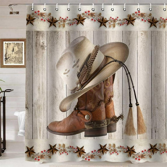 Western Shower Curtain, Cowboy Boots Hat Texas Star Vintage Rustic Wooden Board Barn Door Berries Primitive Country Farmhouse Bathroom Decor, Waterproof Fabric Shower Curtain, 72 X 72 Inch