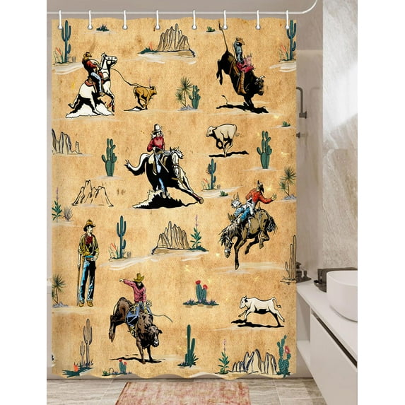 Western Shower Curtain, Farmhouse Country American West Western Shower Curatain, Wild West Cowboy Horse Bathroom Accessories Set with Hooks, 47X64inch, Yellow