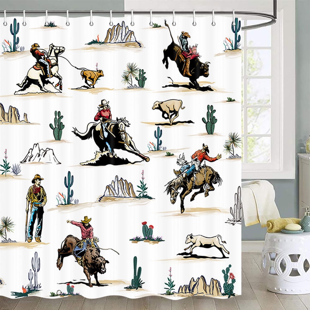 Western Shower Curtain, Farmhouse Country American West Western Shower Curatain, Wild West Cowboy Horse Bathroom Accessories Set with Hooks, 60X70inch, White