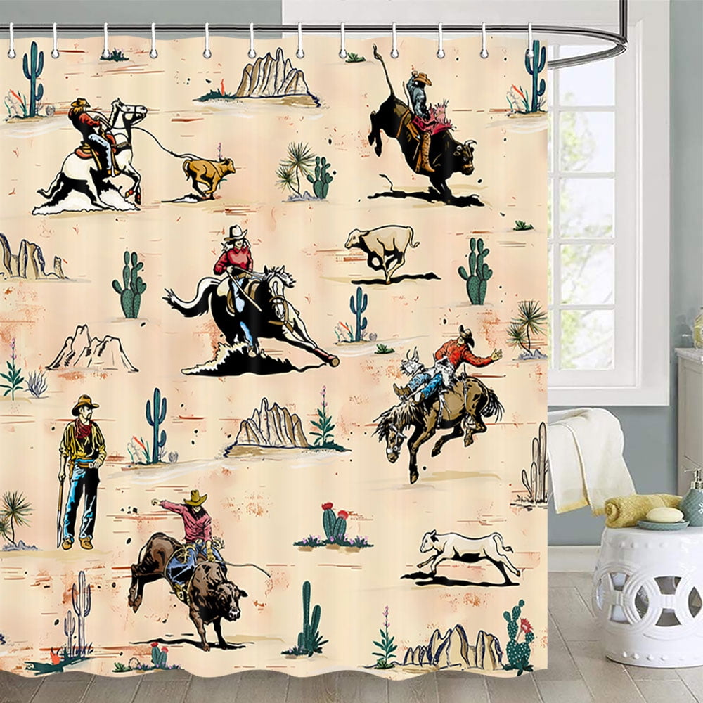 Western Shower Curtain, Farmhouse Country American West Western Shower Curatain, Wild West Cowboy Horse Bathroom Accessories Set with Hooks, 72X72inch, Brown