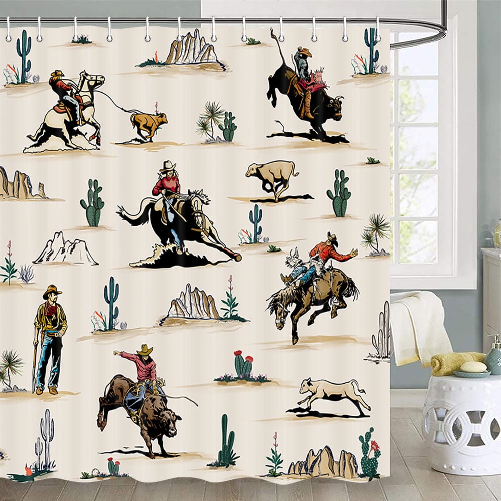 Western Shower Curtain, Farmhouse Country American West Western Shower Curatain, Wild West Cowboy Horse Bathroom Accessories Set with Hooks, 72X75inch, Beige