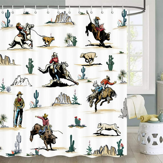 Western Shower Curtain, Farmhouse Country American West Western Shower Curatain, Wild West Cowboy Horse Bathroom Accessories Set with Hooks, 72X78inch, White
