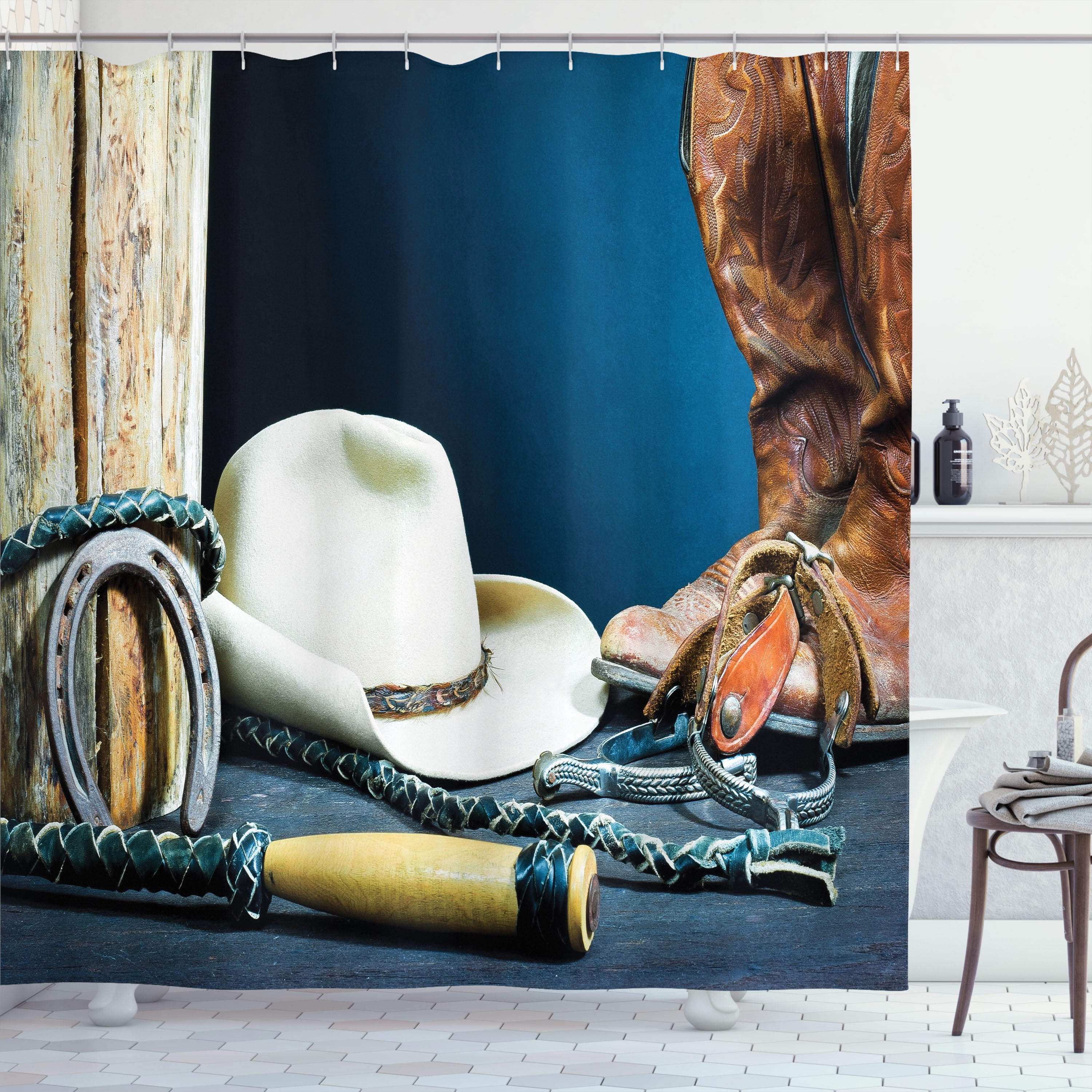 Western Cowboy Multicolor Polyester Shower Curtain with Hooks