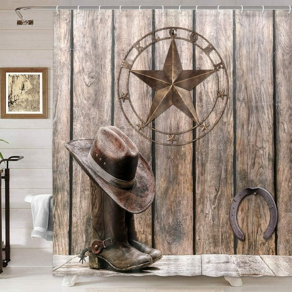 Western Shower Curtain, Western Texas Star Horseshoes Shower Curtain for Bathroom, Cowboy Hat Riding Boots Shower Curtains Rustic Wooden Board Farmhouse Barn Door Bathroom Curtain with Hooks (70X70)