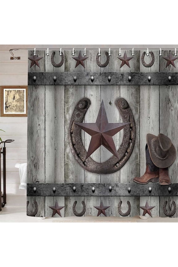 Western Shower Curtain, Vintage Texas Star Horseshoe Cowboy Hat Riding Boots Rustic Grey Wooden Board Barn Door Country Farmhouse Bathroom Decor, Waterproof Fabric Shower Curtain, 72 X 72 Inch