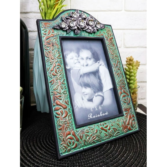Western Silver Roses Turquoise Faux Tooled Leather Picture Photo Frame 4"X6"