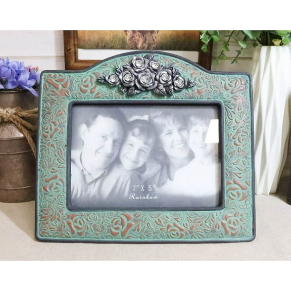 Western Silver Roses Turquoise Faux Tooled Leather Picture Photo Frame 5"X7"