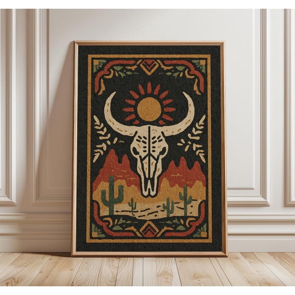 Western Skull Desert Boho Southwestern Tapestry Rustic Cactus Art Print, Unframed Paper Poster 8x10in