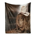 thumbnail image 1 of Western Soft Flannel Fleece Blanket, American West Rodeo Hat Traditional Ranching Robe on Wooden Ground Folk Art Photo, Cozy Plush for Indoor and Outdoor Use, 50" x 70", Brown Beige, by Ambesonne, 1 of 5