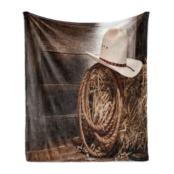 Western Soft Flannel Fleece Blanket, American West Rodeo Hat Traditional Ranching Robe on Wooden Ground Folk Art Photo, Cozy Plush for Indoor and Outdoor Use, 70" x 90", Brown Beige, by Ambesonne