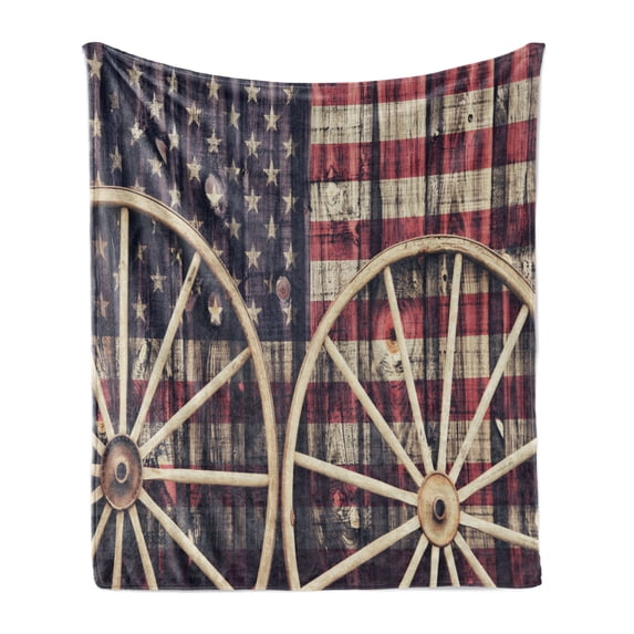 Western Soft Flannel Fleece Blanket, Antique Cart Carriage Wheels American Flag in Retro Vintage Colors New World Print, Cozy Plush for Indoor and Outdoor Use, 50" x 70", Multicolor, by Ambesonne