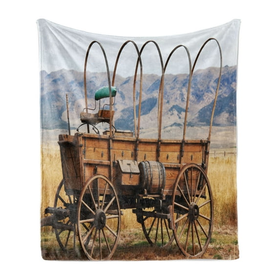 Western Soft Flannel Fleece Blanket, Photo of Old Nostalgic Wild West American Cart Carriage in the Farm Texas Style, Cozy Plush for Indoor and Outdoor Use, 50" x 60", Brown Yellow, by Ambesonne