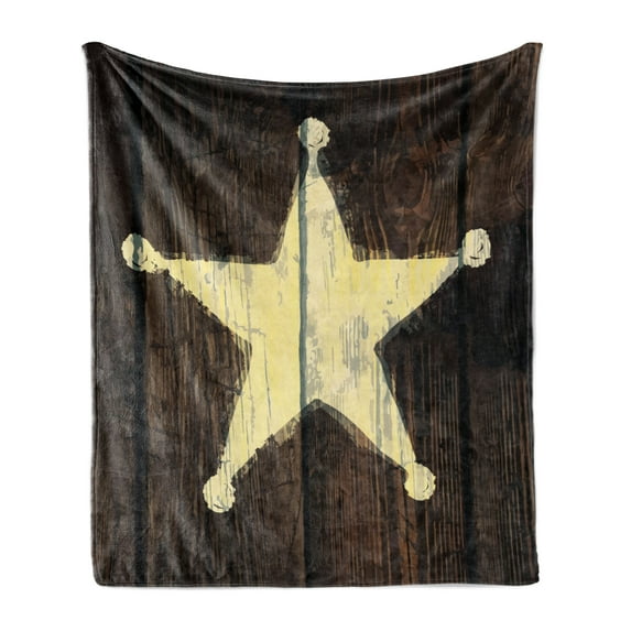 Western Soft Flannel Fleece Blanket, Southwestern Prehistoric Rustic Wooden Lone Star 5 Point Antiqued Look, Cozy Plush for Indoor and Outdoor Use, 60" x 80", Pale Yellow and Brown, by Ambesonne