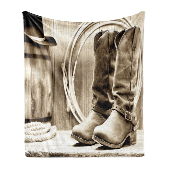 Western Soft Flannel Fleece Throw Blanket, American West Themed Photograph Focused on Boots in Front of Cask and Ropes, Cozy Plush for Indoor and Outdoor Use, 60" x 80", Sepia and Beige, by Ambesonne