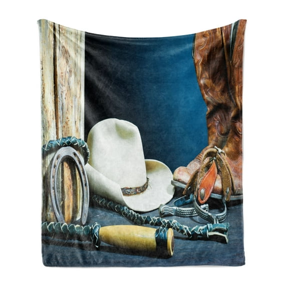 Western Soft Flannel Fleece Throw Blanket, Backdrop with Antique Horseshoe Hat Cowboy Texas Photography, Cozy Plush for Indoor and Outdoor Use, 70" x 90", Blue Brown and Beige, by Ambesonne