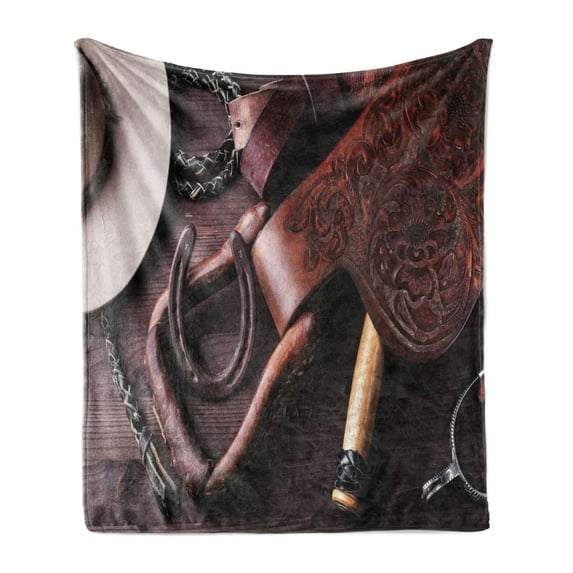 Western Soft Flannel Fleece Throw Blanket, Clothes and Accessories for Horse Riding with Rural Details Wild Sports Themed Art, Cozy Plush for Indoor and Outdoor Use, 50" x 60", Brown, by Ambesonne