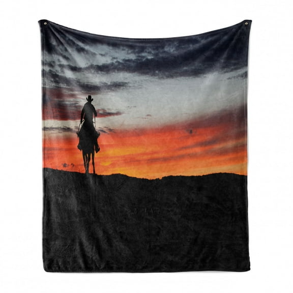Western Soft Flannel Fleece Throw Blanket, Cowboy Silhouette on a Horse in a Sunset, Cozy Plush for Indoor and Outdoor Use, 60" x 80", Charcoal Grey Multicolor, by Ambesonne