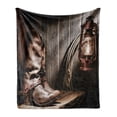 thumbnail image 1 of Western Soft Flannel Fleece Throw Blanket, Cowboys and Lantern on a Dallas Bench in Vintage Ranch Nostalgic Folkloric Photograph, Cozy Plush for Indoor and Outdoor Use, 60" x 80", Brown, by Ambesonne, 1 of 5