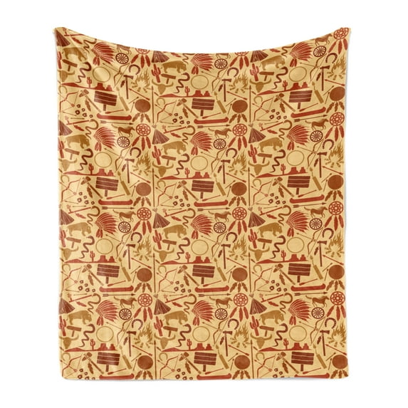 Western Soft Flannel Fleece Throw Blanket, Culture Arrow Hatchet Chiefs Hat Snakes Bison Tools, Cozy Plush for Indoor and Outdoor Use, 50" x 60", Pale Orange Redwood, by Ambesonne