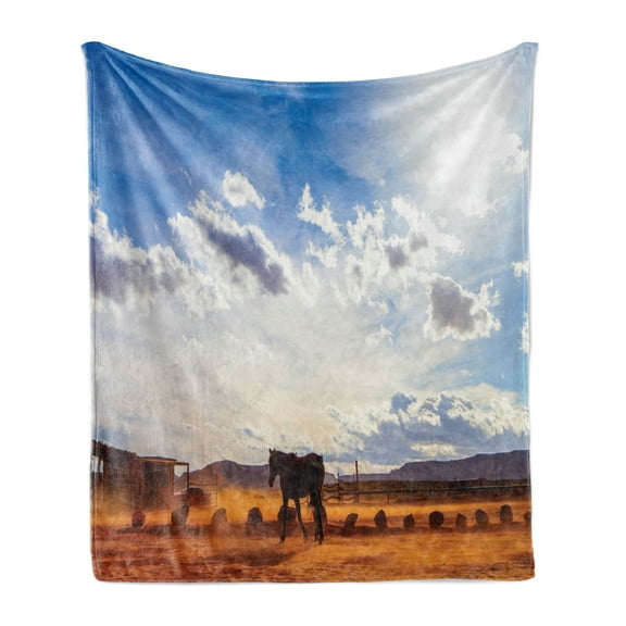 Western Soft Flannel Fleece Throw Blanket, Horse in Monument Valley Open Sky Clouds Arizona America Landscape Print, Cozy Plush for Indoor and Outdoor Use, 50" x 70", Cream Blue, by Ambesonne