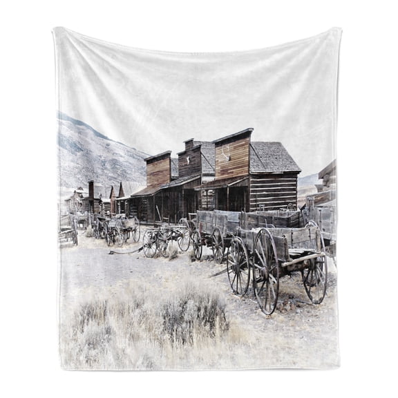 Western Soft Flannel Fleece Throw Blanket, Old Wooden Wagons from 20's in Ghost Town Antique Wyoming Wheels Artwork Print, Cozy Plush for Indoor and Outdoor Use, 70" x 90", Brown White, by Ambesonne